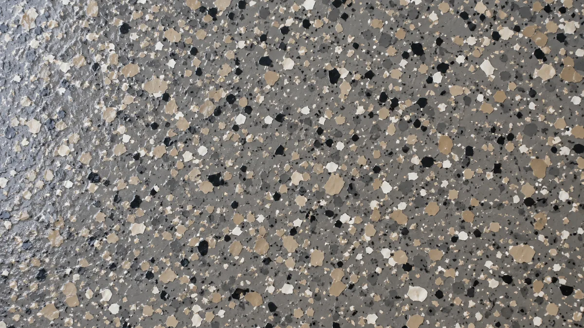Close-up of a vinyl flake floor coating in tan, black and white chips under a clear satin topcoat