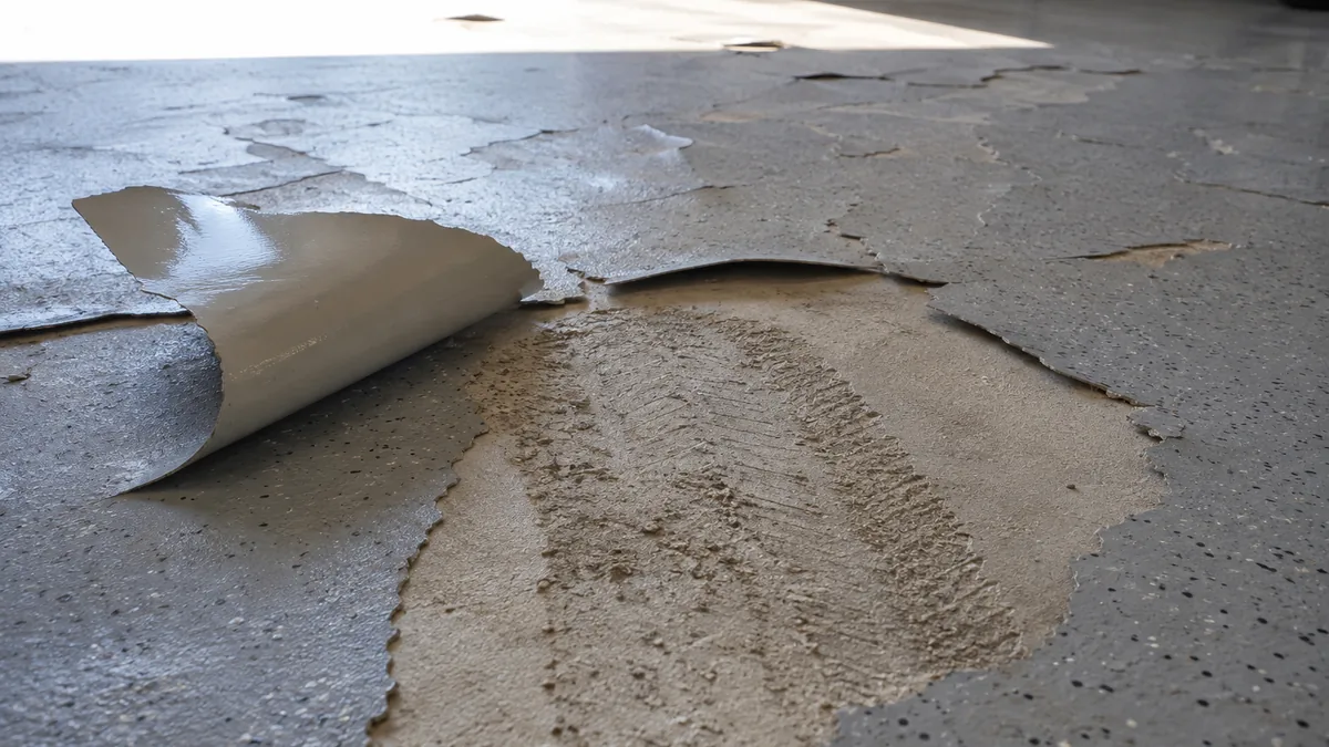 Failed epoxy garage floor peeling in sheets, with a tyre-shaped patch of missing coating and a lifted piece showing a smooth underside