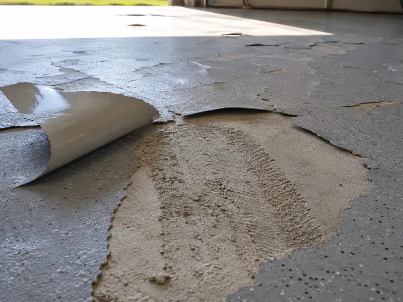 Failed epoxy garage floor peeling in sheets, with a tyre-shaped patch of missing coating and a lifted piece showing a smooth underside