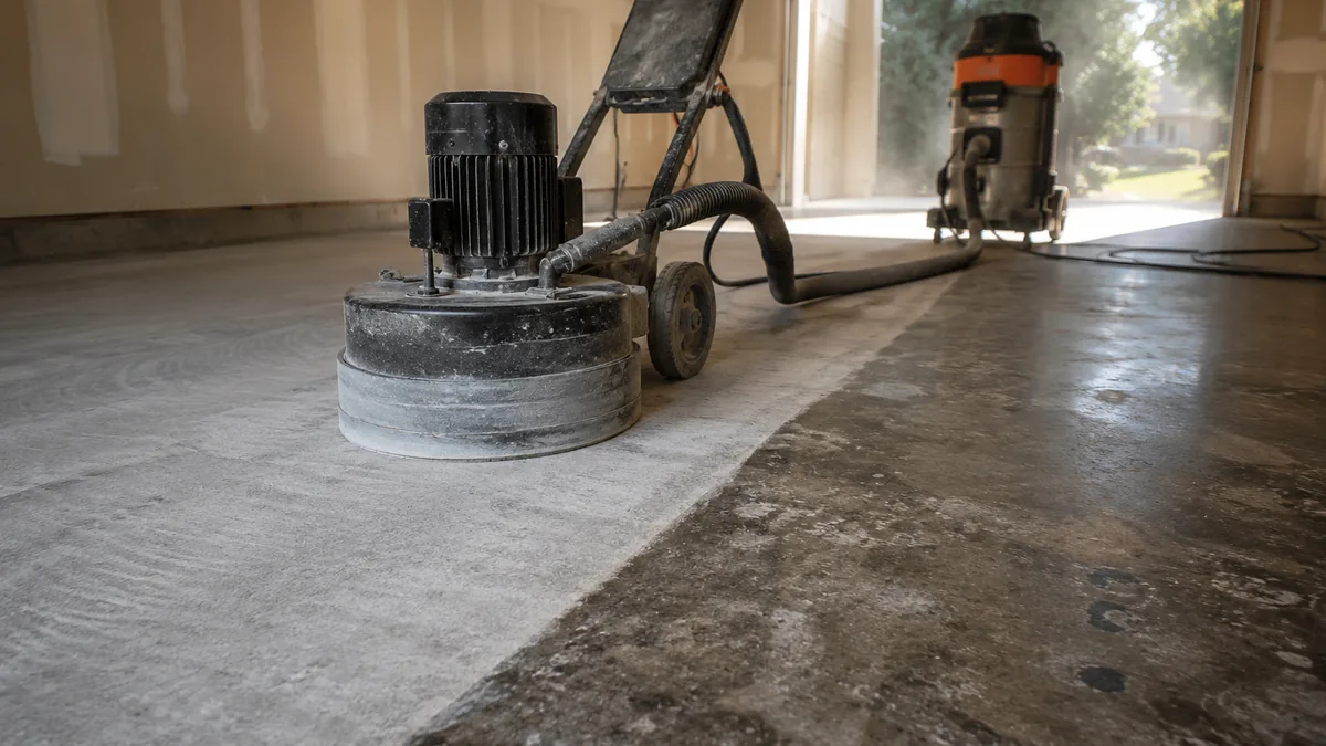 Planetary diamond grinder mid-pass across a garage slab, ground concrete visibly lighter than the untouched section