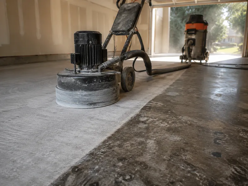 Planetary diamond grinder mid-pass across a garage slab, ground concrete visibly lighter than the untouched section