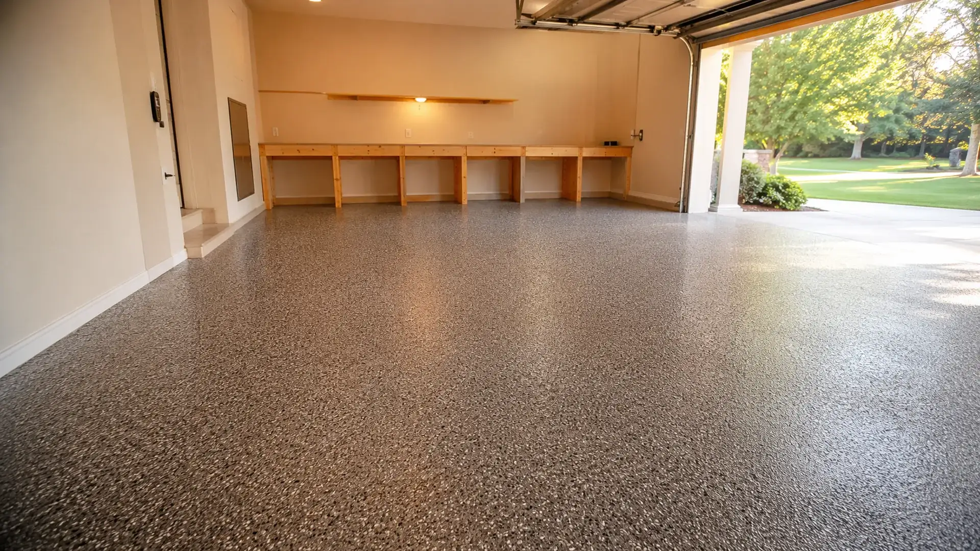 Finished flake floor coating in a residential two-car garage with the door open to afternoon light
