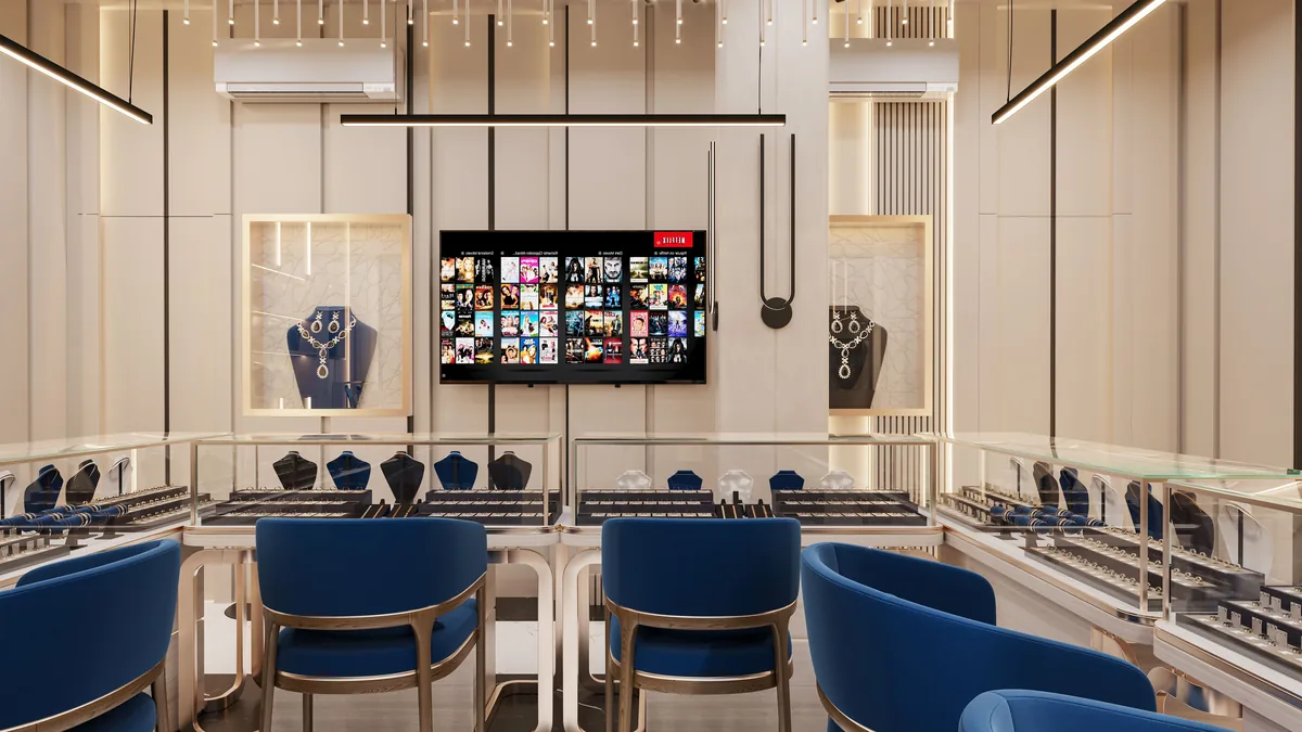 Retail showroom interior with polished floor and display lighting